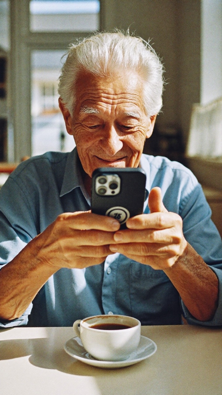 An elderly man smiling warmly while reading a birthday greeting on his phone