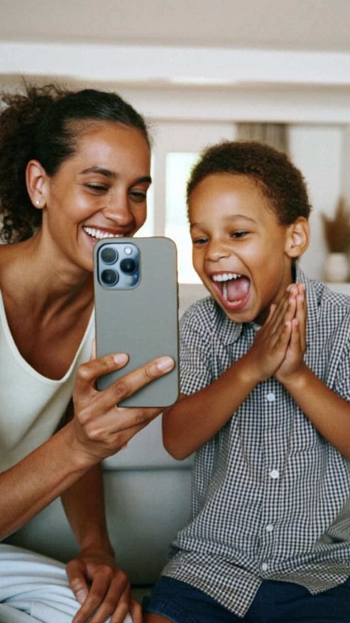 A mom showing her delighted son the digital birthday card his dentist sent him